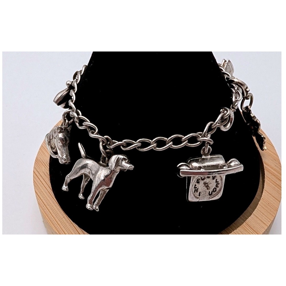 Vintage Silver Tone Multi Charm Bracelet Dog Horse Telephone Bowling 7 Inch
